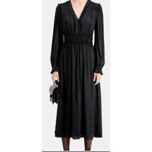 The Kooples $385 Black Long-Sleeve Midi Dress Smocked Waist Size M NWT